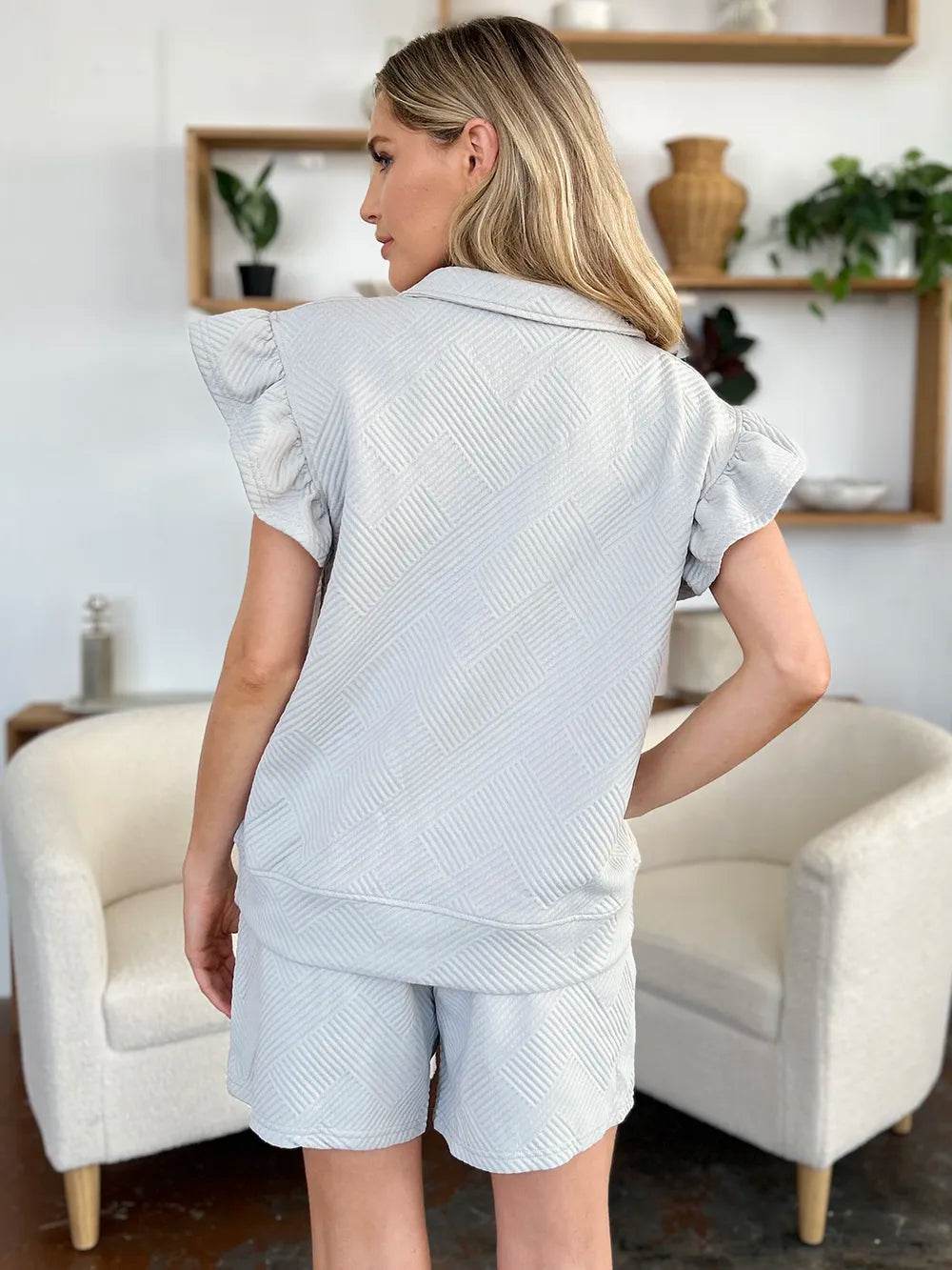 Double Take Full Size Texture Flounce Sleeve Top and Drawstring Shorts Set - IntuitiveEncBoutique