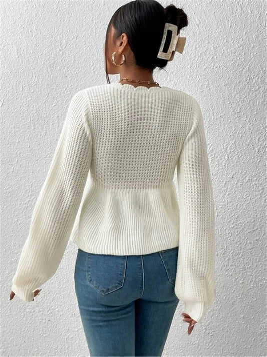 Scalloped V-Neck Drawstring Knit Top - IntuitiveEncBoutique