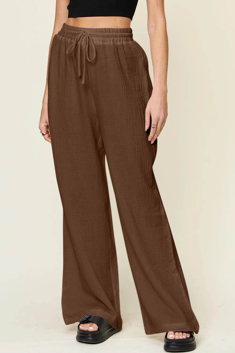 Double Take Full Size Texture Drawstring Wide Leg Pants - IntuitiveEncBoutique