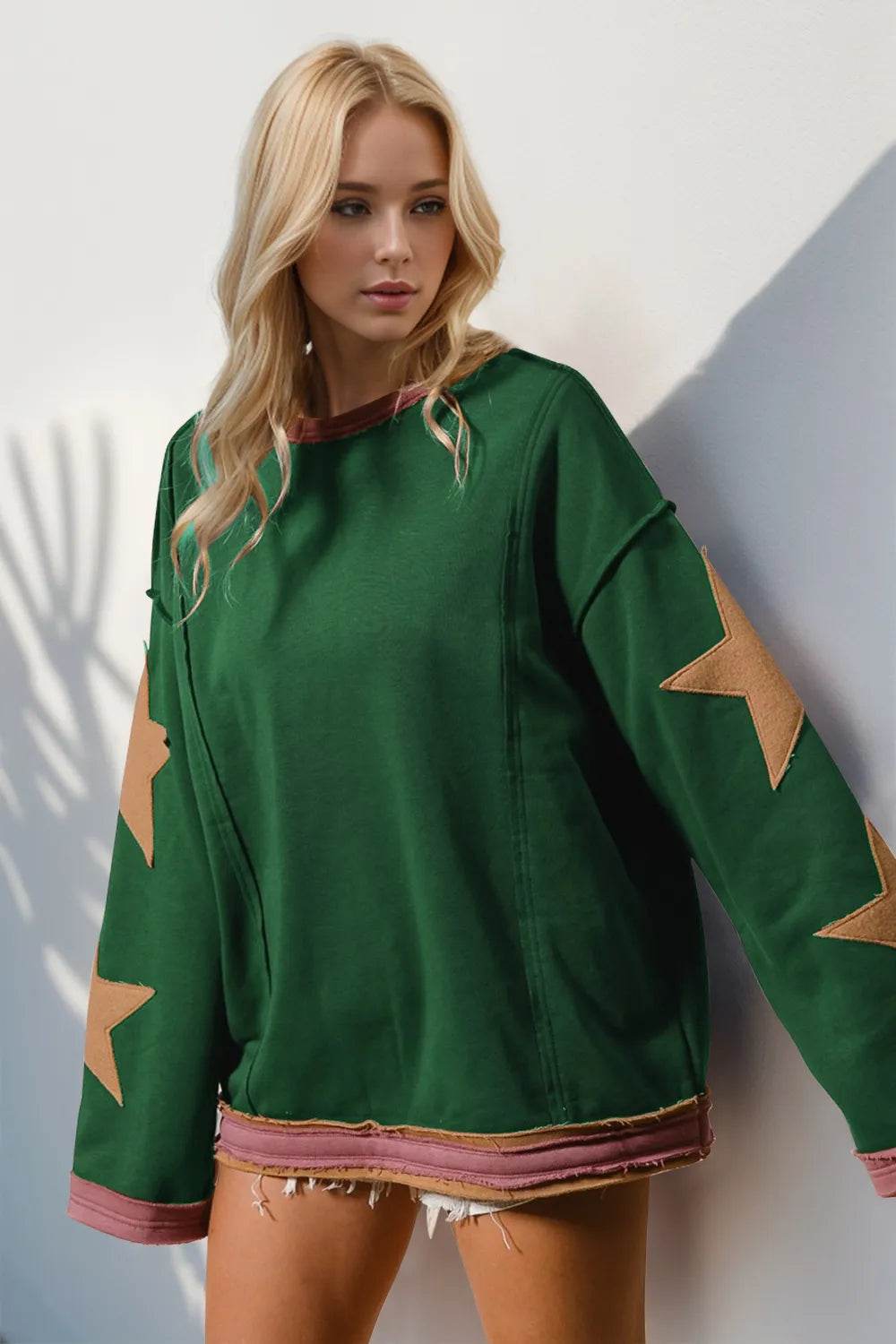 Double Take Star Patched Long Sleeve Sweatshirt - IntuitiveEncBoutique