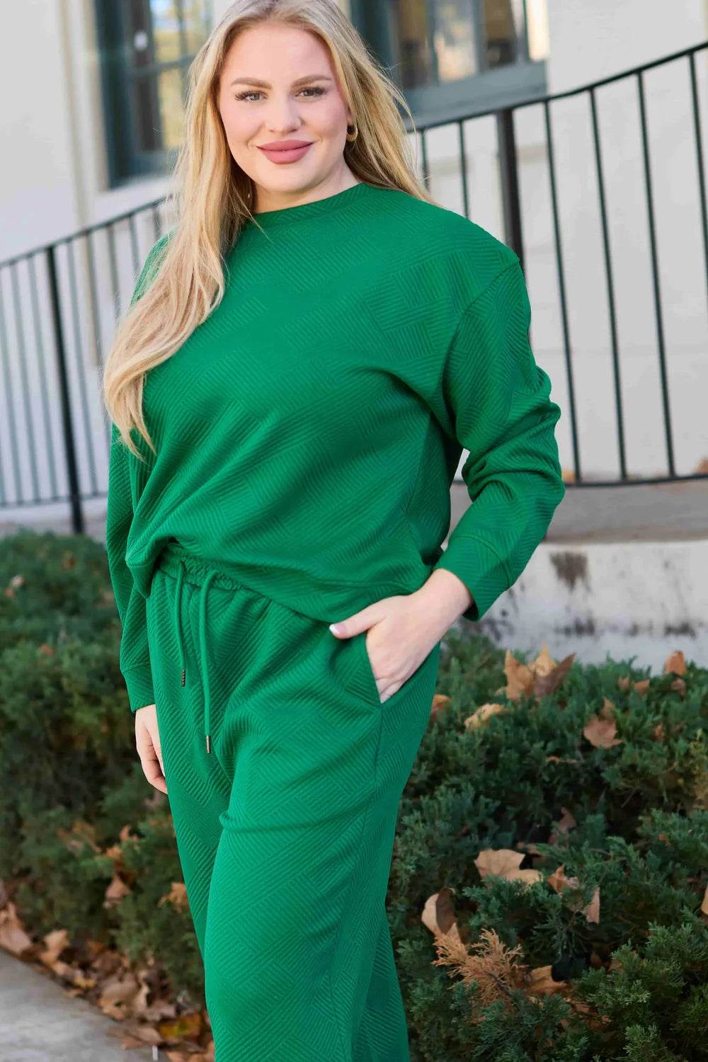 Double Take Full Size Textured Long Sleeve Top and Drawstring Pants Set - IntuitiveEncBoutique