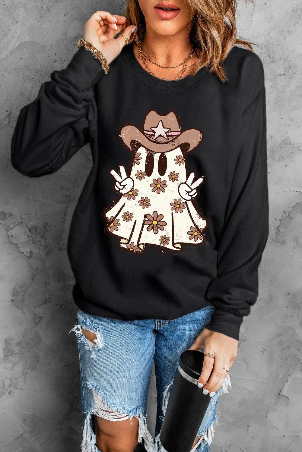 Ghost Round Neck Long Sleeve Sweatshirt - IntuitiveEncBoutique