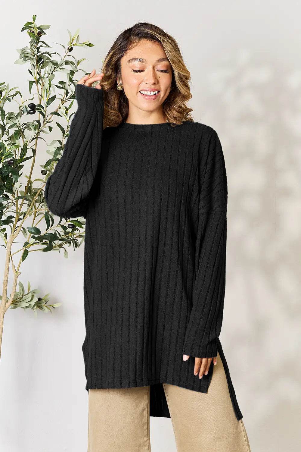Basic Bae Full Size Ribbed Round Neck Long Sleeve Slit Top - IntuitiveEncBoutique