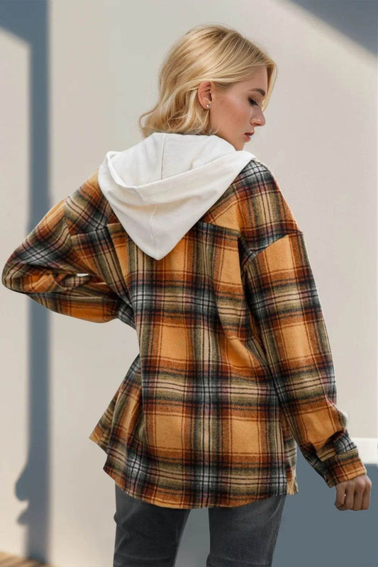 Double Take Drawstring Plaid Long Sleeve Hooded Shacket - IntuitiveEncBoutique