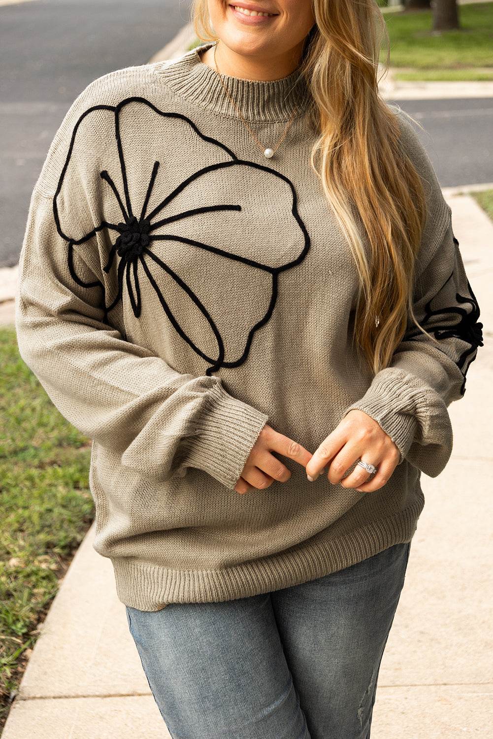 Dark Khaki Plus Size Big Flower Pattern High Neck Drop Shoulder Sweater - IntuitiveEncBoutique