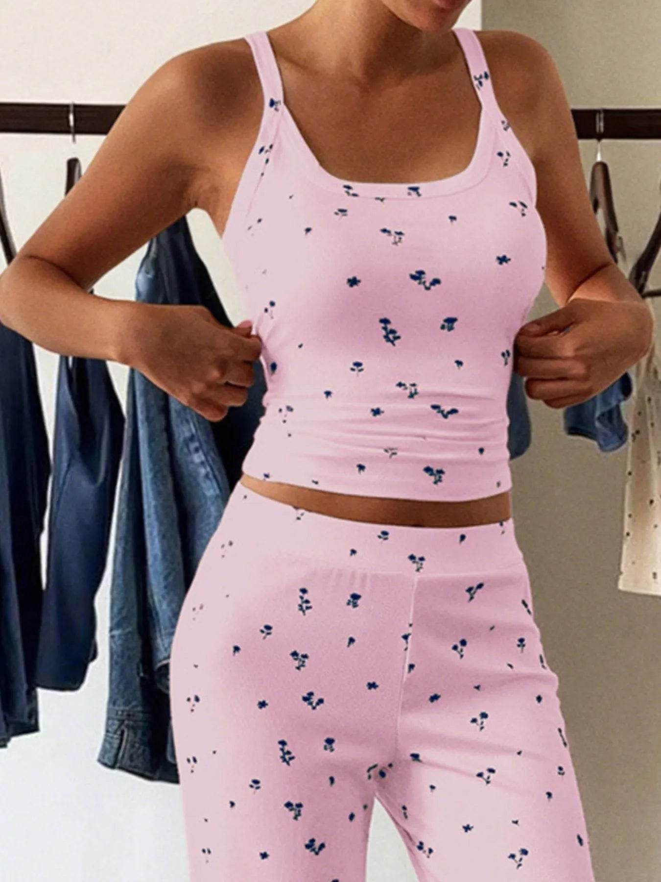 Floral Ribbed Cami and Wide Leg Pants Set - IntuitiveEncBoutique