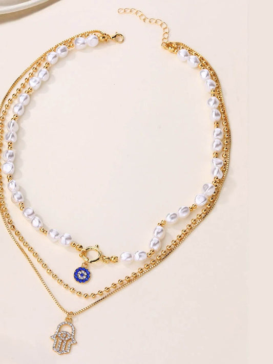 Layered Pearl Chain Evil Eye Hamsa Pendant Necklace - IntuitiveEncBoutique