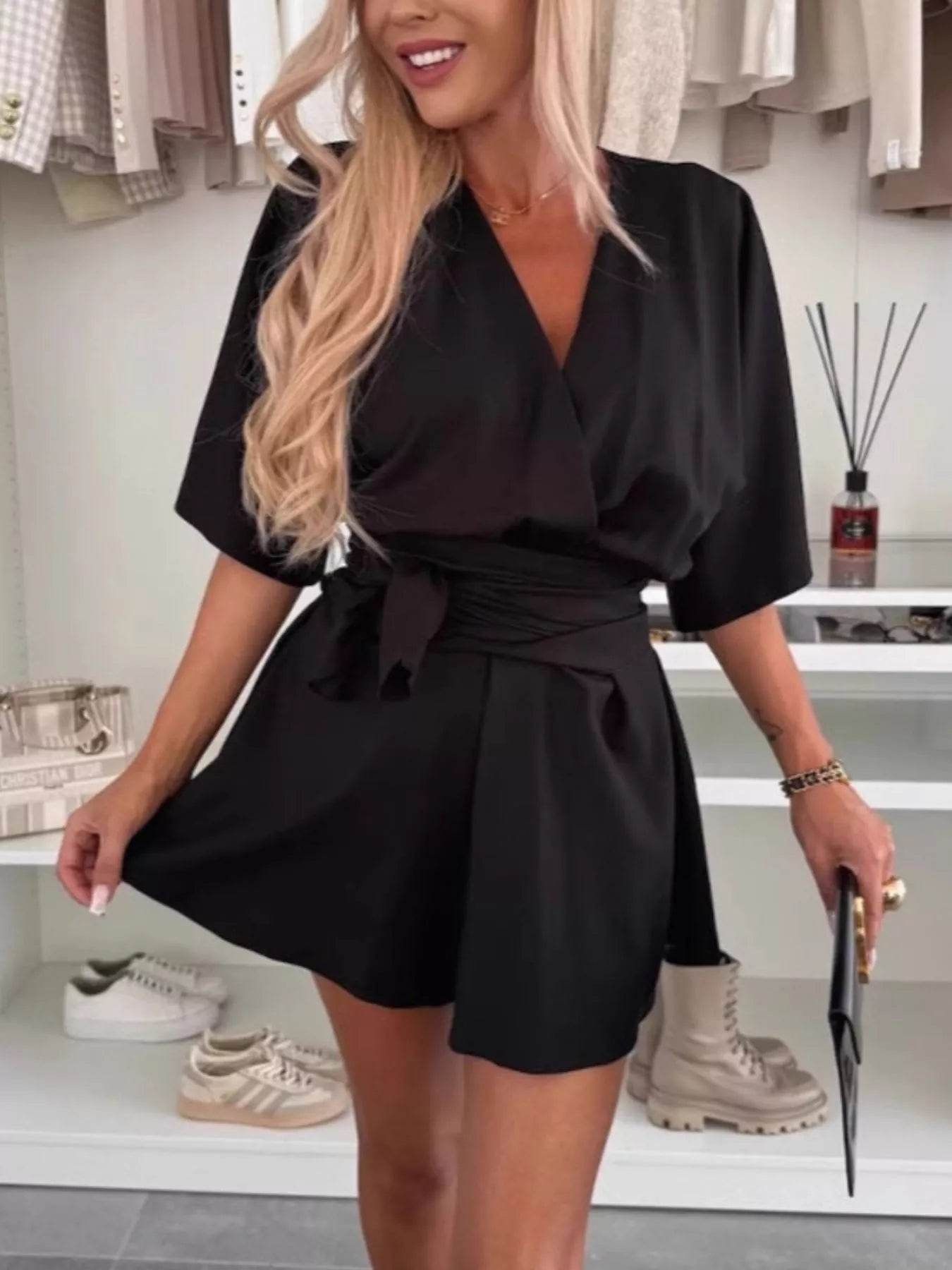 Full Size Surplice Tie Waist Romper Plus Size - IntuitiveEncBoutique