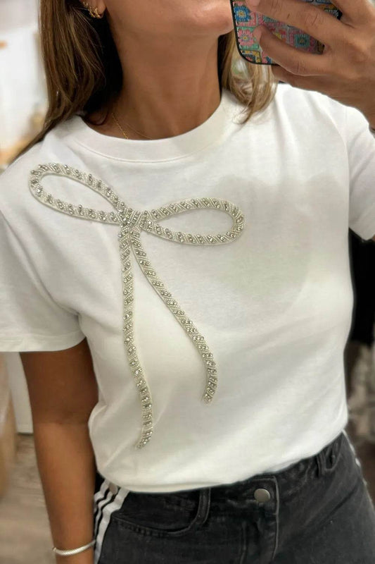 Rhinestone Bow Round Neck Short Sleeve T-Shirt - IntuitiveEncBoutique