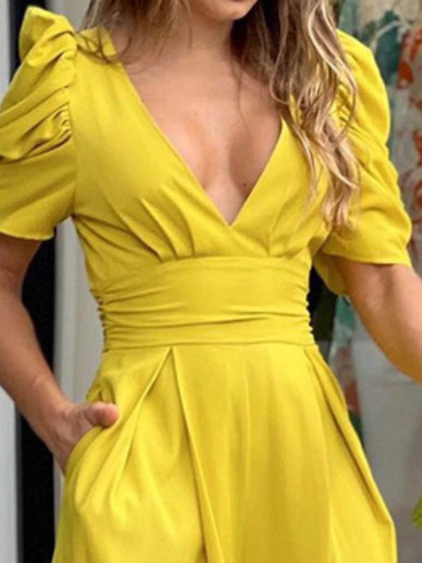Full Size Cutout V-Neck Puff Sleeve Jumpsuit Plus Size - IntuitiveEncBoutique