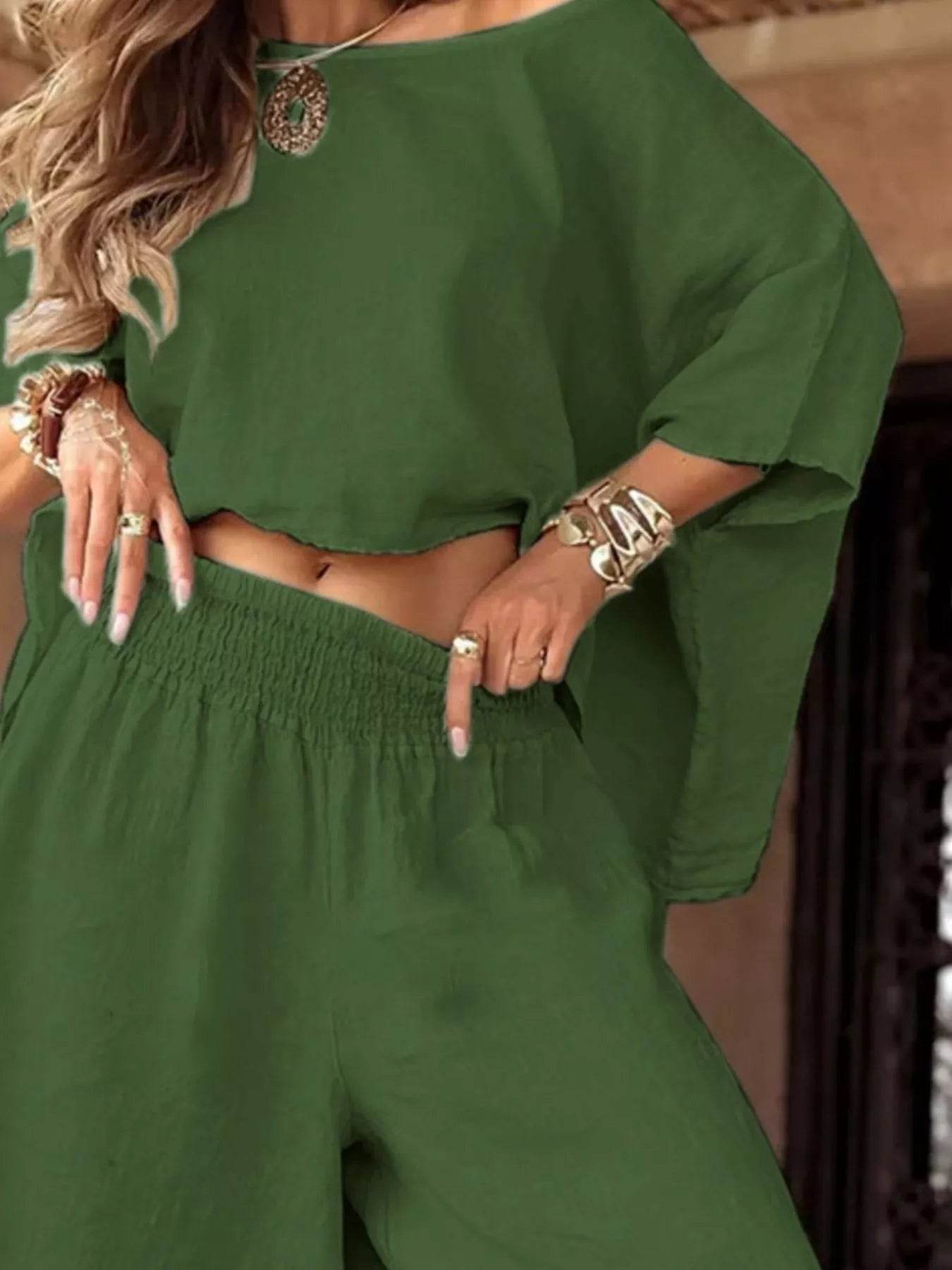 Full Size Boat Neck Top and Wide Leg Pants Set Plus Size - IntuitiveEncBoutique