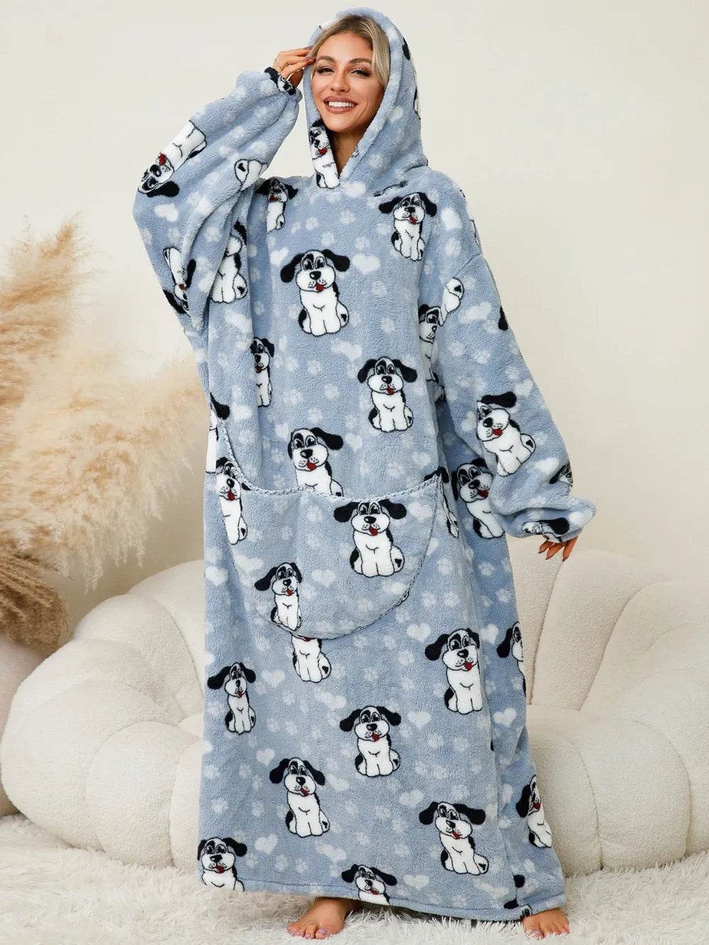 Fuzzy Pocketed Long Sleeve Hooded Lounge Dress - IntuitiveEncBoutique