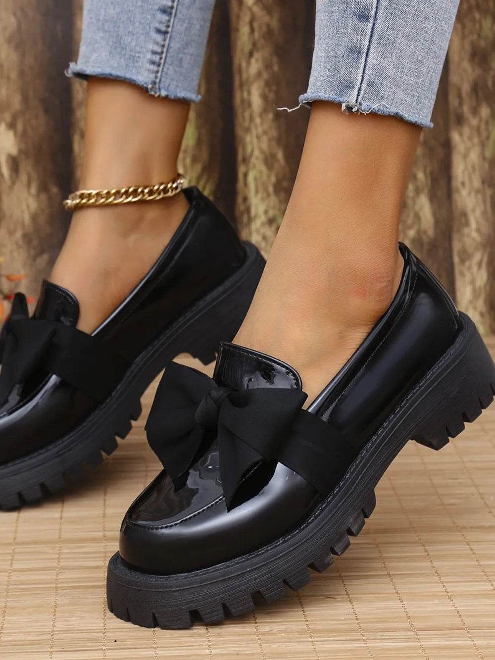 Bow PU Leather Round Toe Loafers - IntuitiveEncBoutique