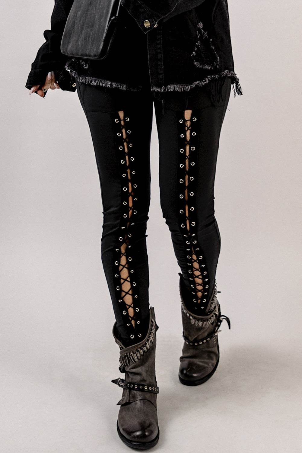 Black Grommet Lace Up Front Leggings - IntuitiveEncBoutique