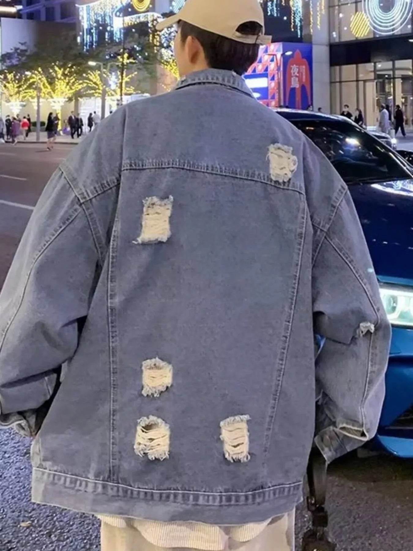 Men's Full Size Distressed Button Up Denim Jacket Plus Size - IntuitiveEncBoutique