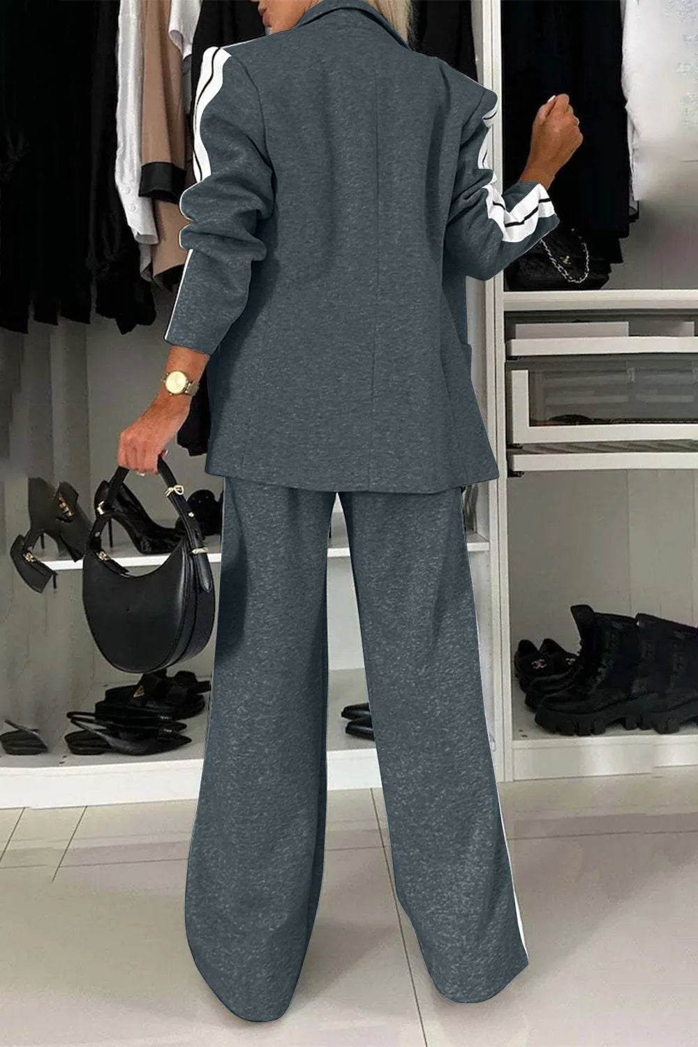 Full Size Contrast Lapel Collar Top and Pants Set - IntuitiveEncBoutique