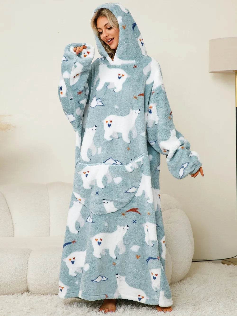 Fuzzy Pocketed Long Sleeve Hooded Lounge Dress - IntuitiveEncBoutique