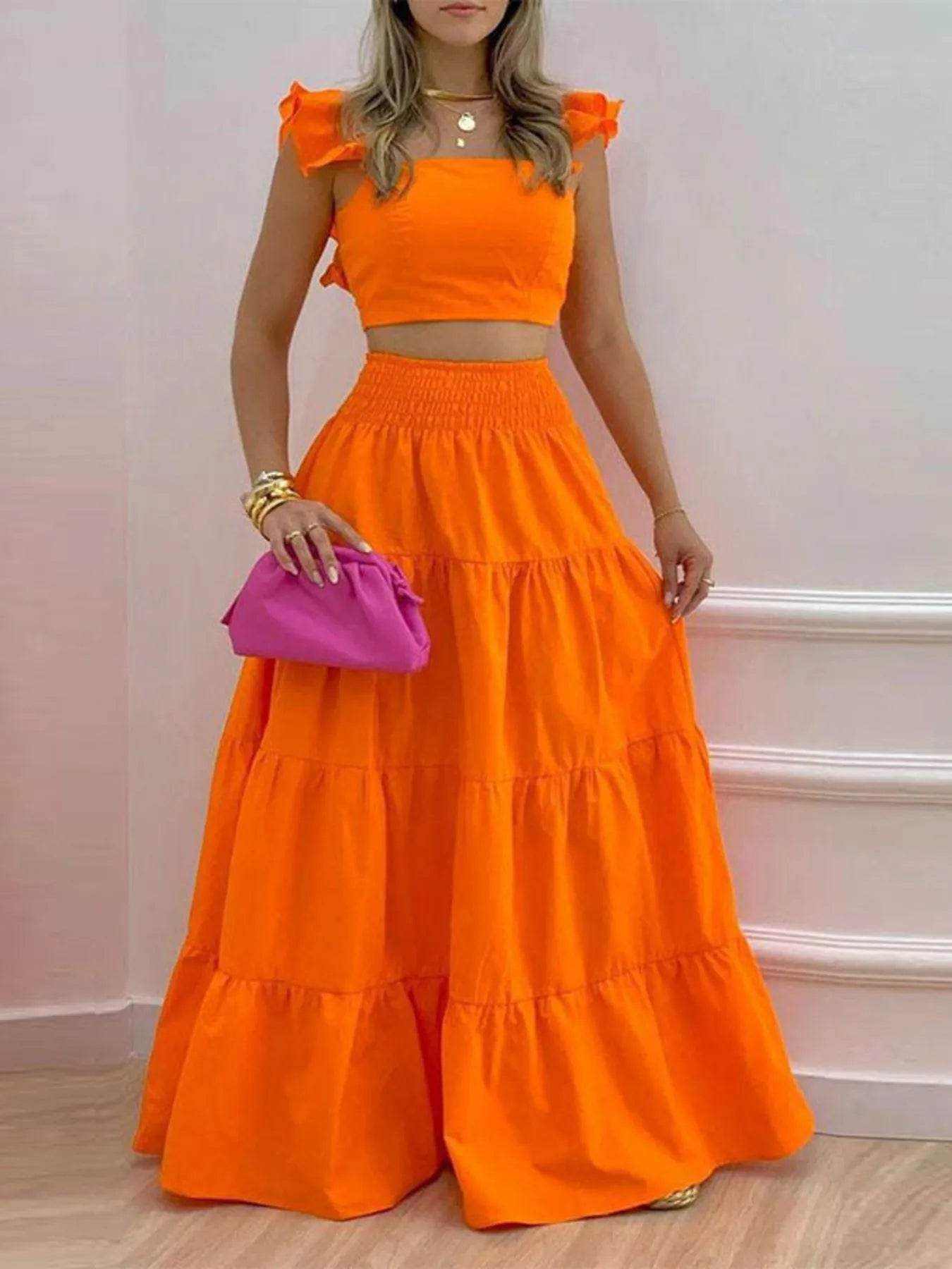 Full Size Ruffled Cami and Tiered Maxi Skirt Set Plus Size - IntuitiveEncBoutique
