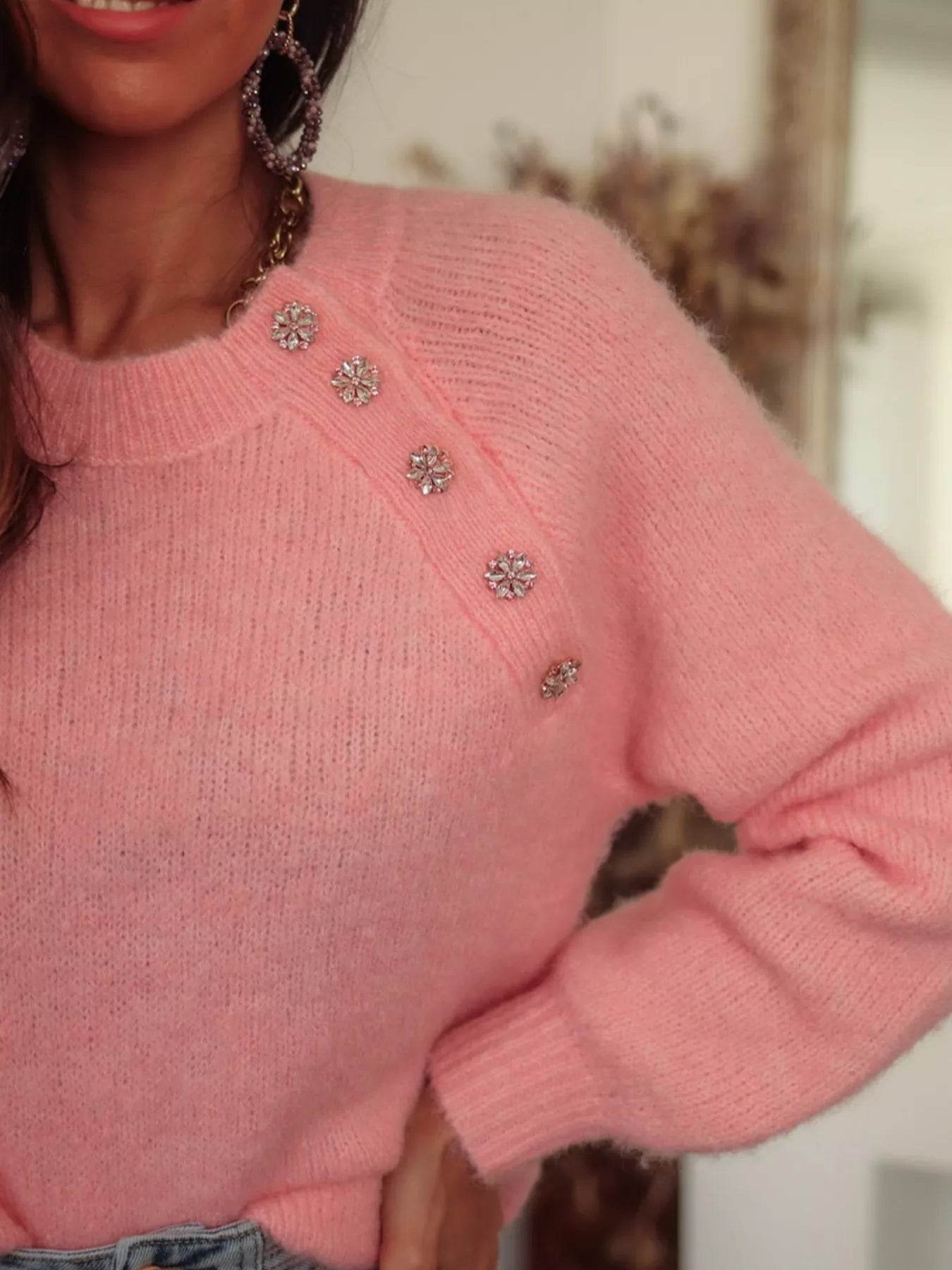 Button Detail Ribbed Hem Sweater - IntuitiveEncBoutique