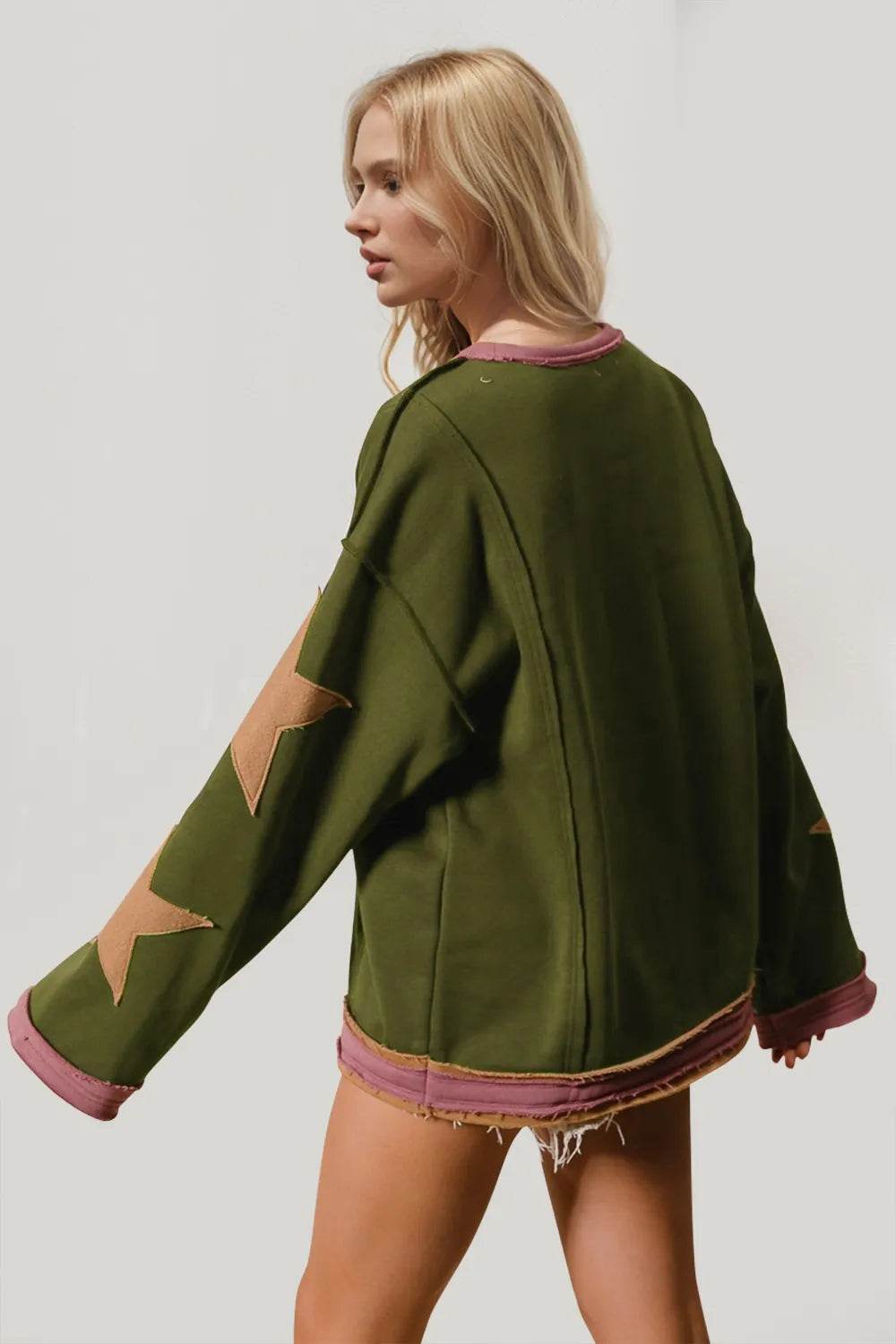Double Take Star Patched Long Sleeve Sweatshirt - IntuitiveEncBoutique