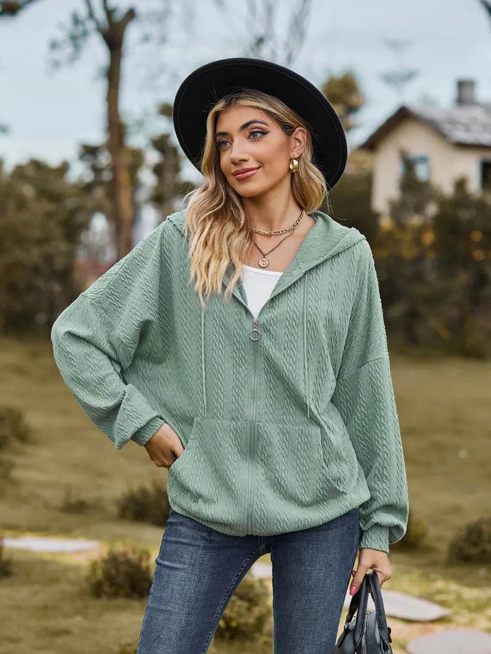 Zip Up Drawstring Long Sleeve Hooded Jacket - IntuitiveEncBoutique