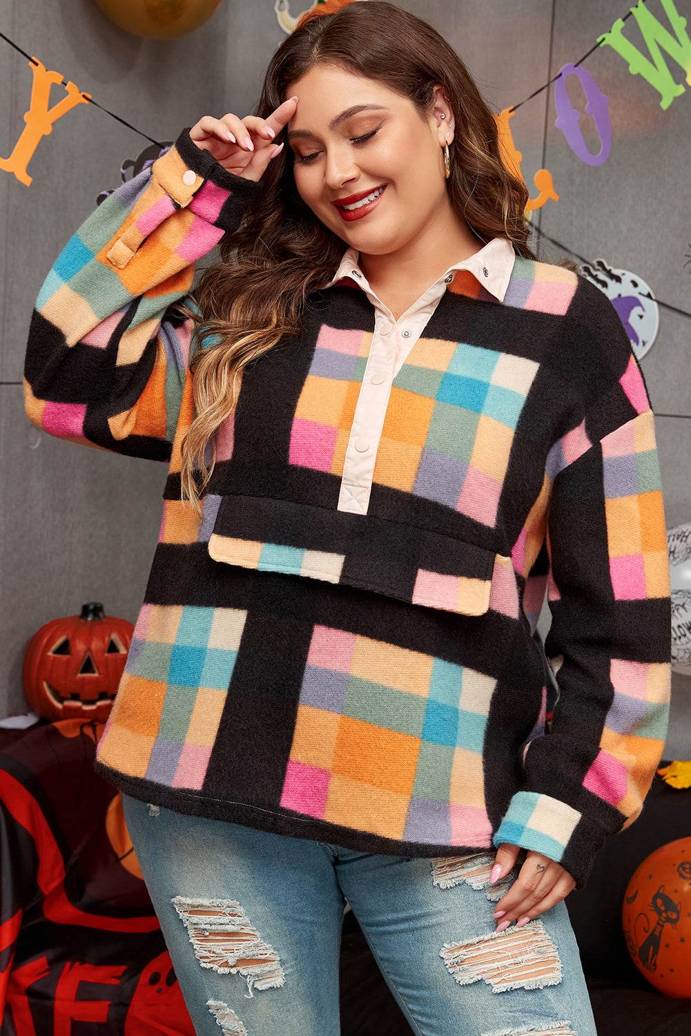 Black Plus Size Checkered Print Sherpa Henley Sweatshirt - IntuitiveEncBoutique