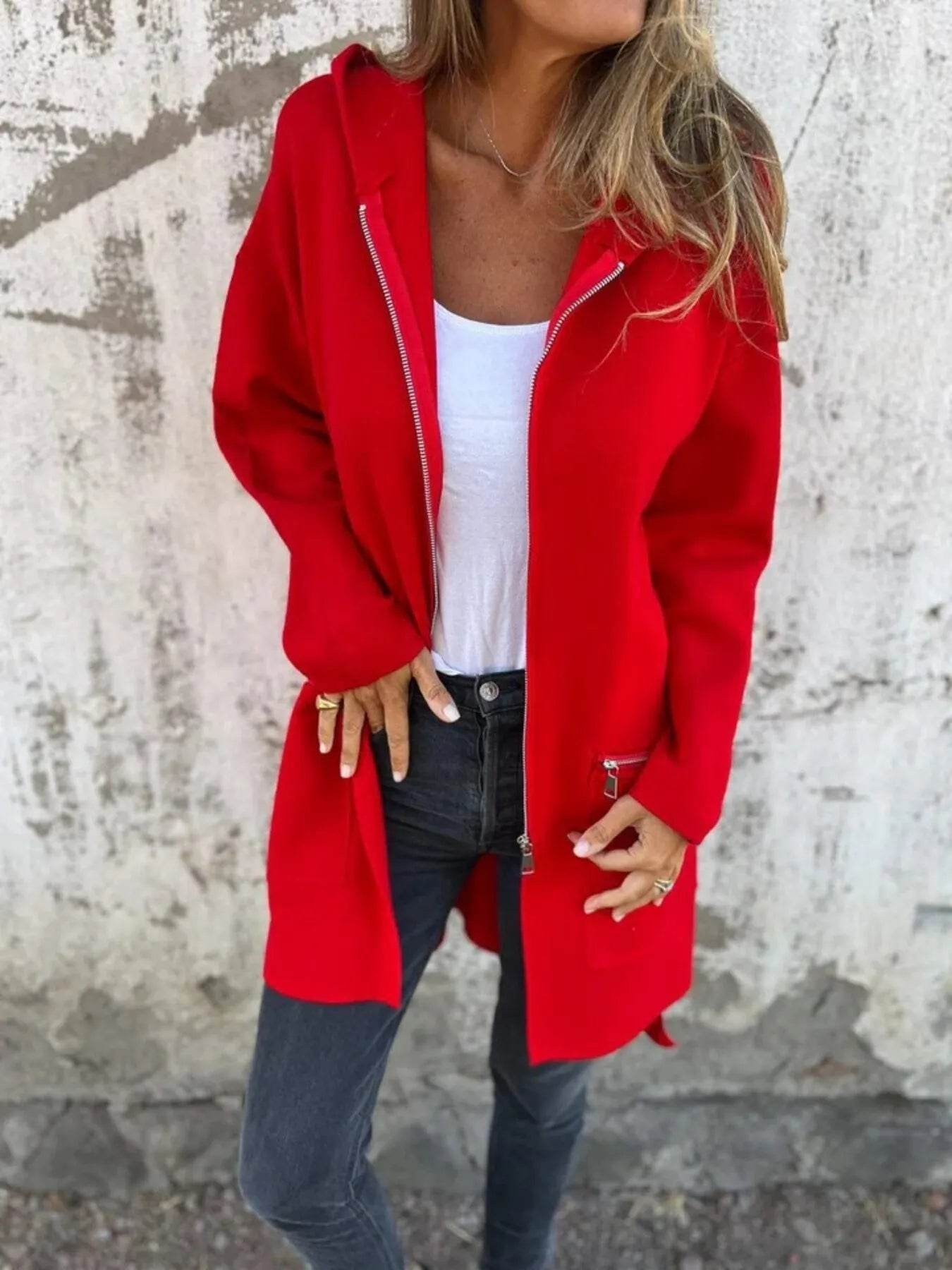 Full Size Zip Up Long Sleeve Hooded Outerwear Plus Size - IntuitiveEncBoutique