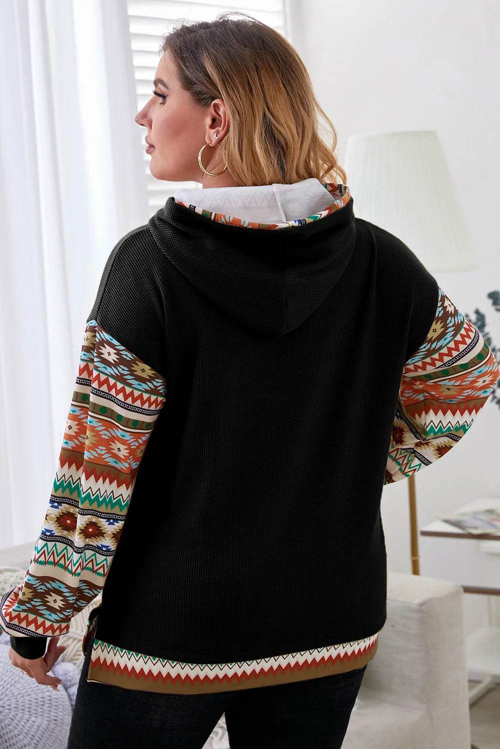 Plus Size Waffle-Knit Geometric Dropped Shoulder Hoodie - IntuitiveEncBoutique