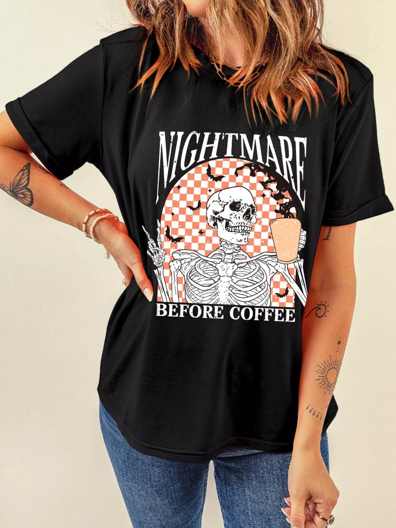 Halloween Skull Checkerboard Graphic Round Neck Tee - IntuitiveEncBoutique