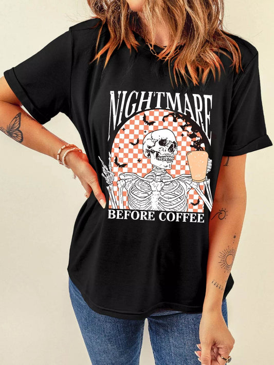 Halloween Skull Checkerboard Graphic Round Neck Tee - IntuitiveEncBoutique