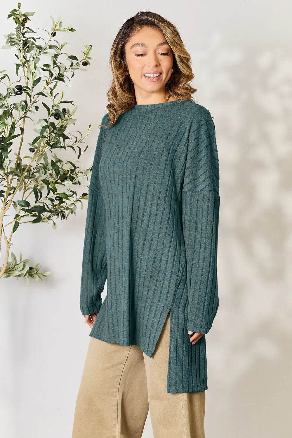 Basic Bae Full Size Ribbed Round Neck Long Sleeve Slit Top - IntuitiveEncBoutique