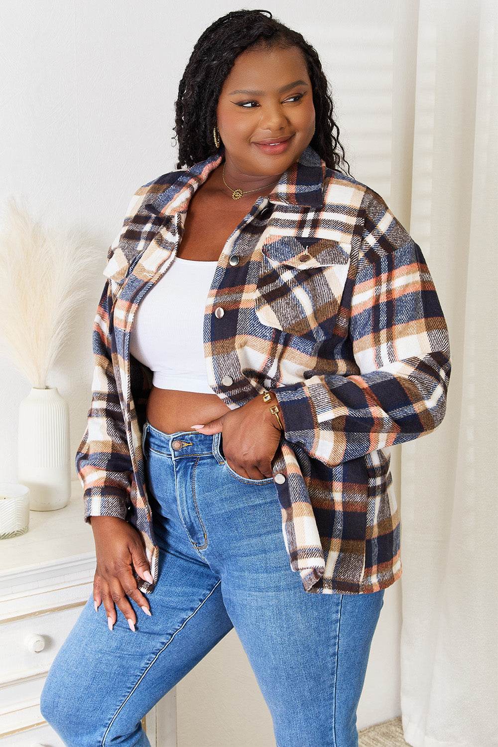 Double Take Plaid Button Front Shirt Jacket with Breast Pockets - IntuitiveEncBoutique