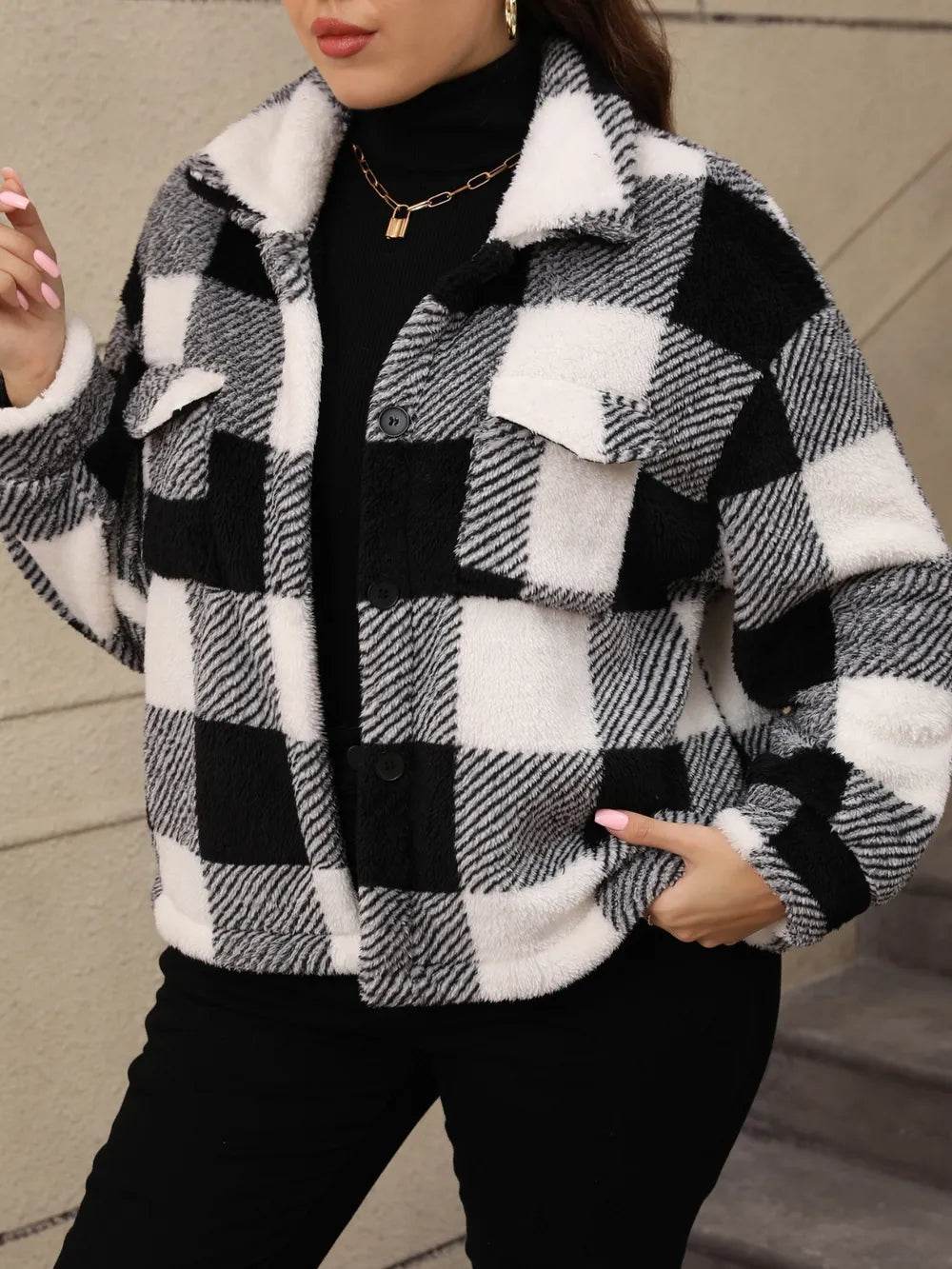 Plus Size Pocketed Plaid Collared Neck Jacket - IntuitiveEncBoutique