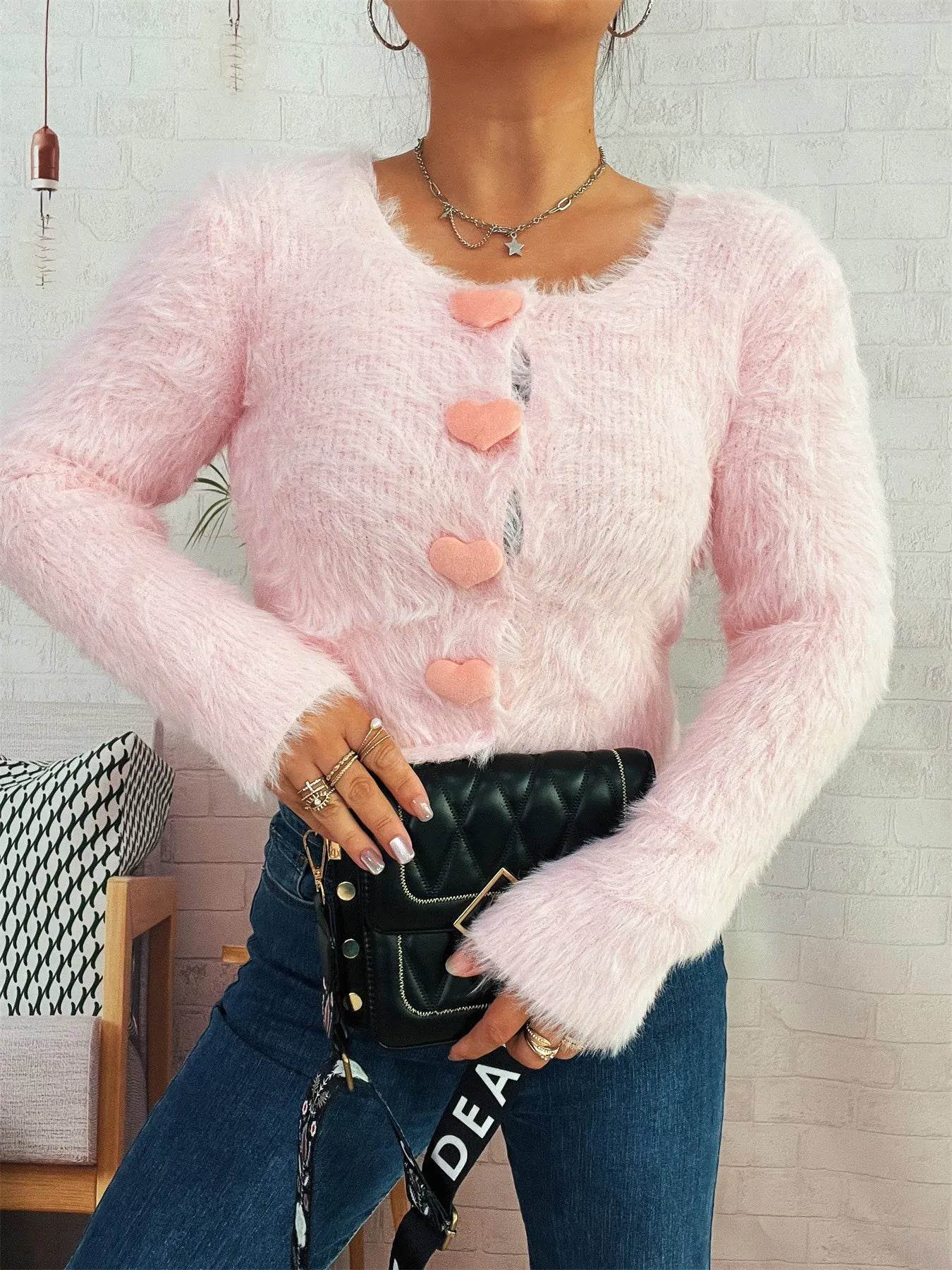 Fuzzy Heart Shape Button-Up Cardigan - IntuitiveEncBoutique
