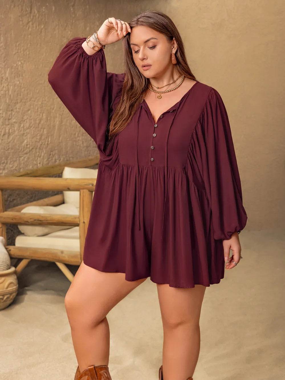 Plus Size Tie Neck Balloon Sleeve Romper - IntuitiveEncBoutique