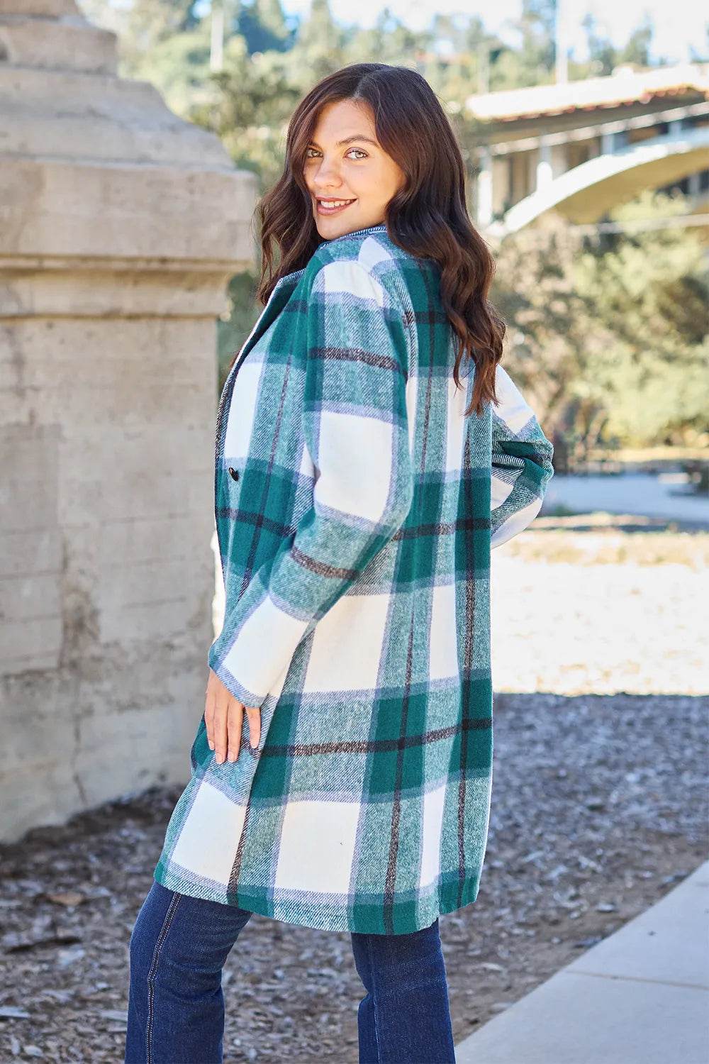 Double Take Full Size Plaid Button Up Lapel Collar Coat - IntuitiveEncBoutique