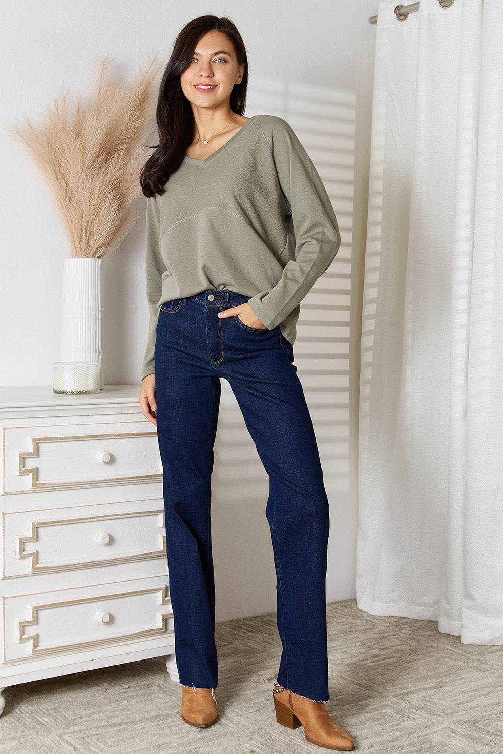 Culture Code Full Size V-Neck Long Sleeve T-Shirt - IntuitiveEncBoutique