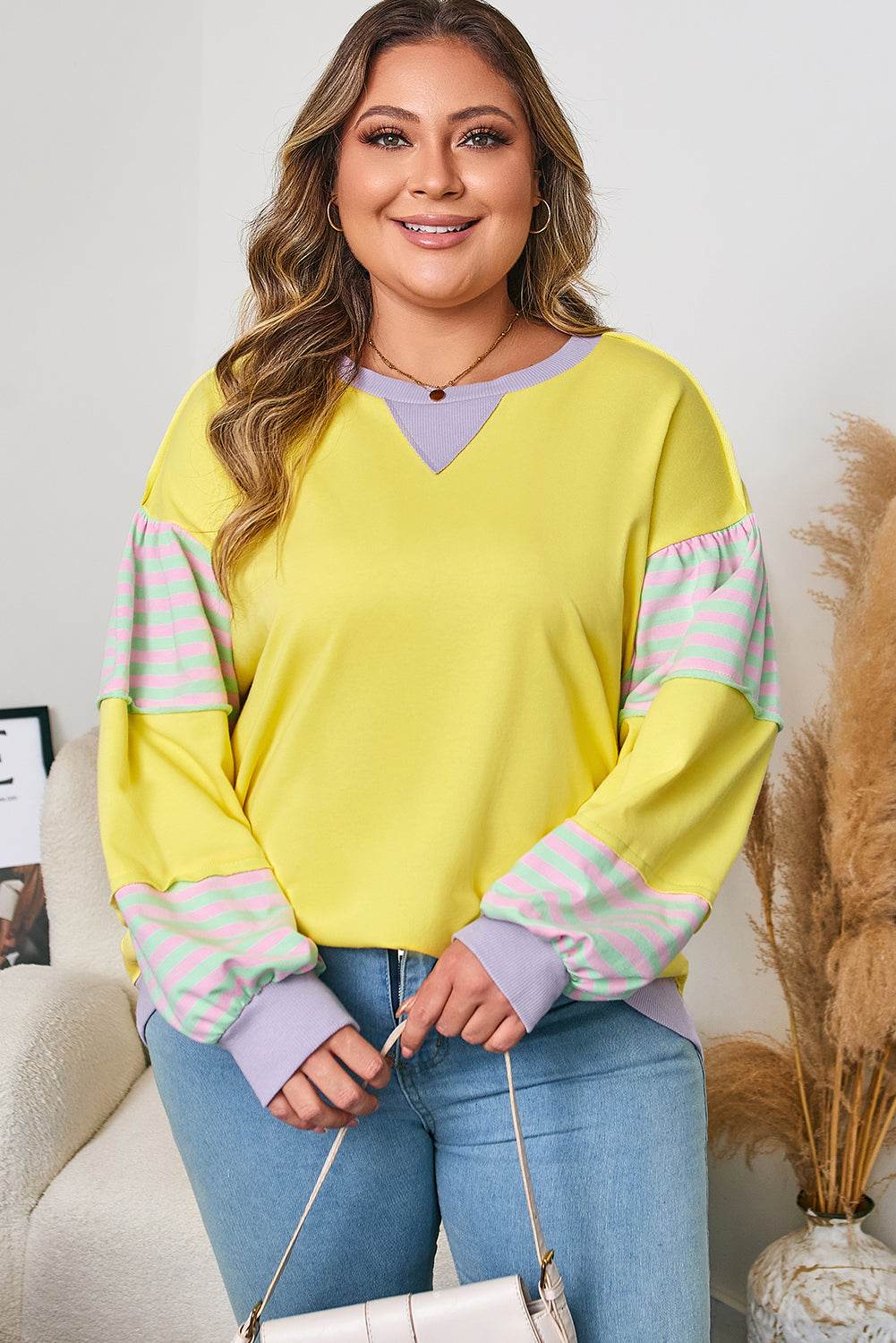 Yellow Striped Color Block Patchwork Crewneck Plus Size Pullover Sweatshirt - IntuitiveEncBoutique