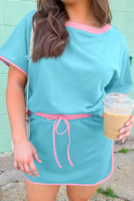 Turquoise Plus Size Contrast Trim T Shirt and Skirt Two Piece Set - IntuitiveEncBoutique