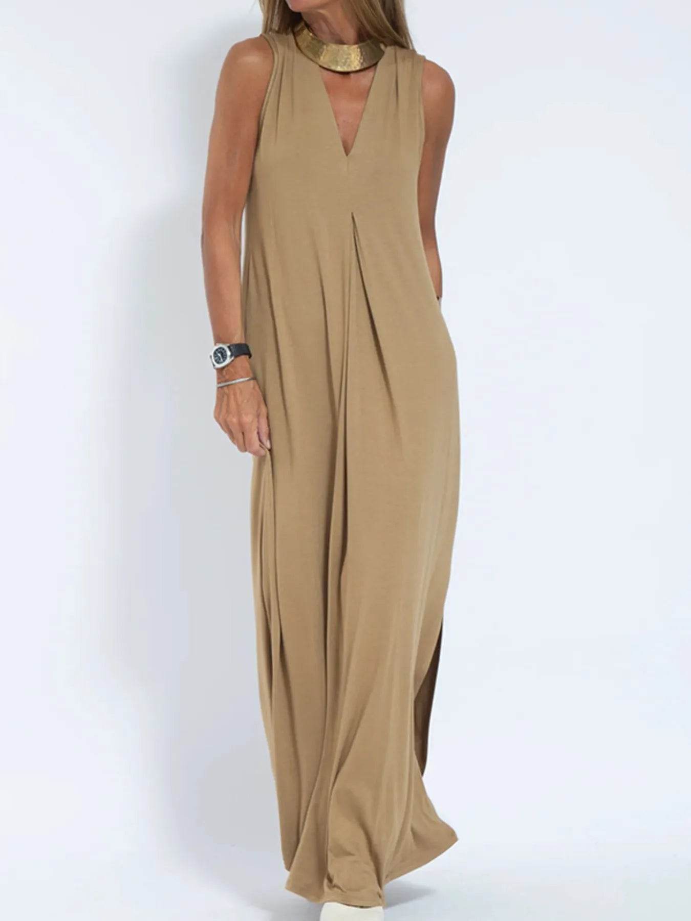 Full Size V-Neck Sleeveless Maxi Dress with Slit Plus Size - IntuitiveEncBoutique