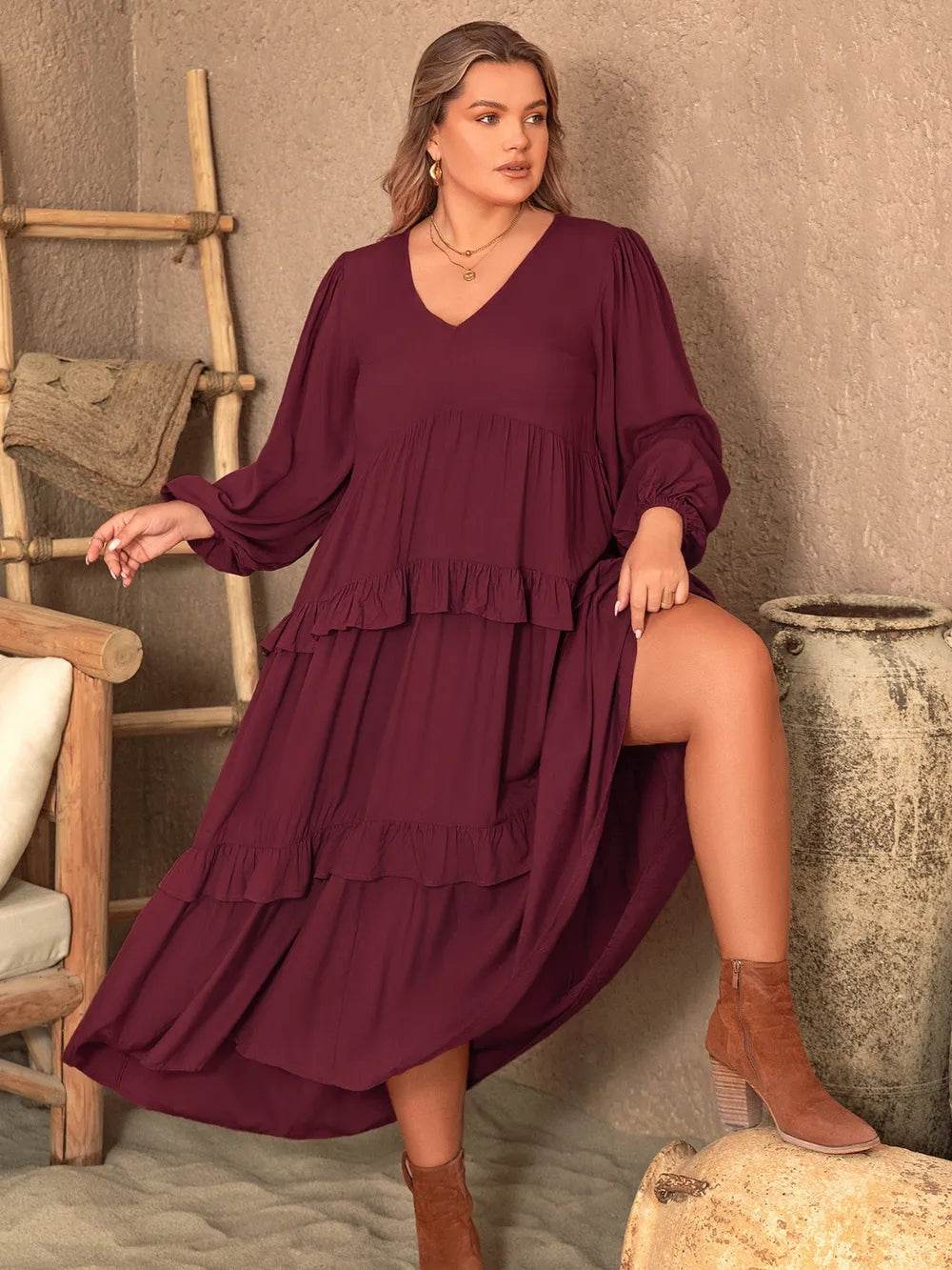 Plus Size Ruffled V-Neck Long Sleeve Dress - IntuitiveEncBoutique