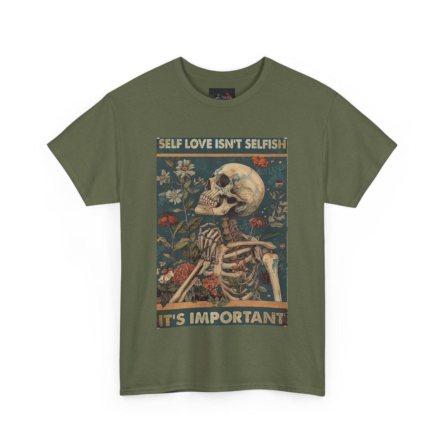 Self Love Isn't Selfish Unisex Heavy Cotton Tee, Positive Affirmation Shirt, Skeleton Graphic Tee, Casual Wear, Gift for Self-Care, - IntuitiveEncBoutique