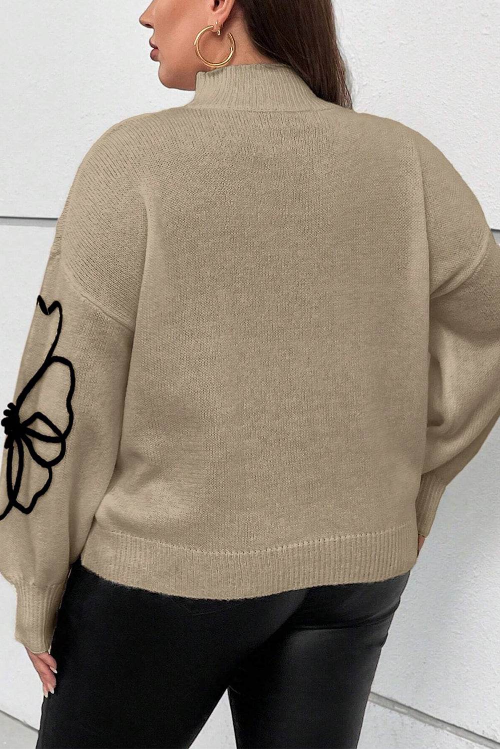 Dark Khaki Plus Size Big Flower Pattern High Neck Drop Shoulder Sweater - IntuitiveEncBoutique