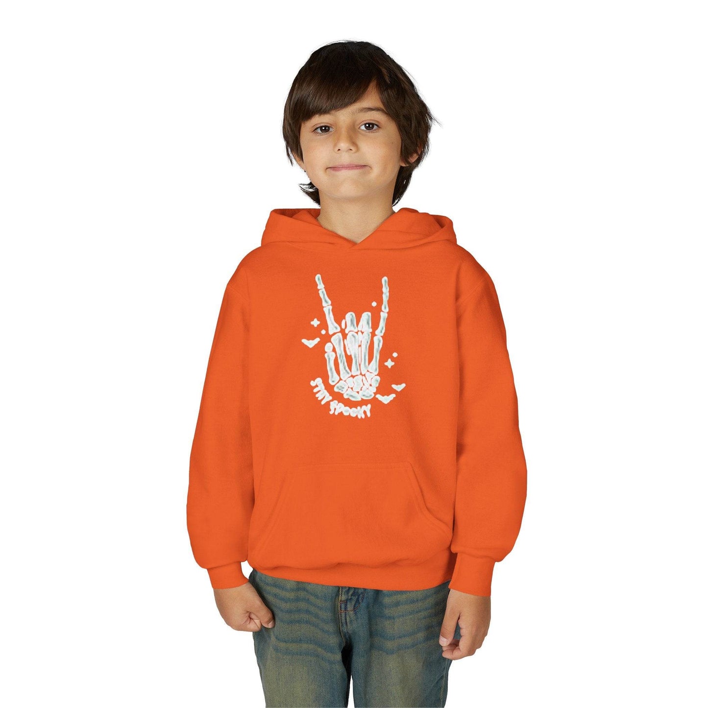 Youth Ghostly Rocker Hoodie - Stay Spooky Sweatshirt, Halloween Apparel, Youth Fashion, Skeleton Design, Cozy Gift - IntuitiveEncBoutique