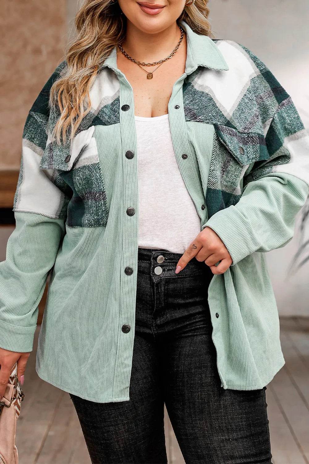 Plus Size Plaid Snap Down Jacket with Pockets - IntuitiveEncBoutique