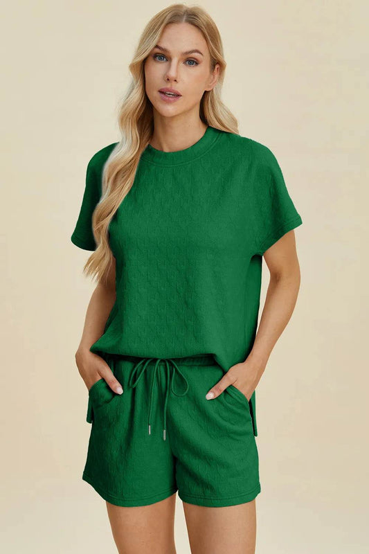 Double Take Full Size Texture Round Neck Short Sleeve Top and Shorts Set - IntuitiveEncBoutique