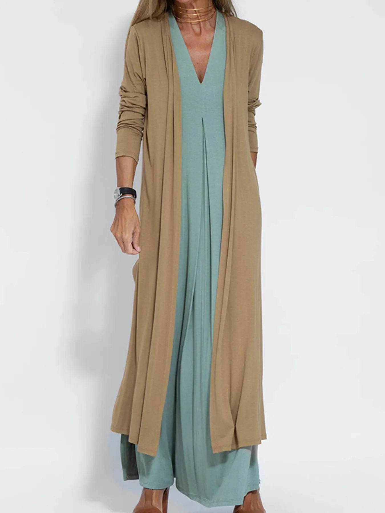 Full Size Open Front Side Slit Longline Cardigan Plus Size - IntuitiveEncBoutique