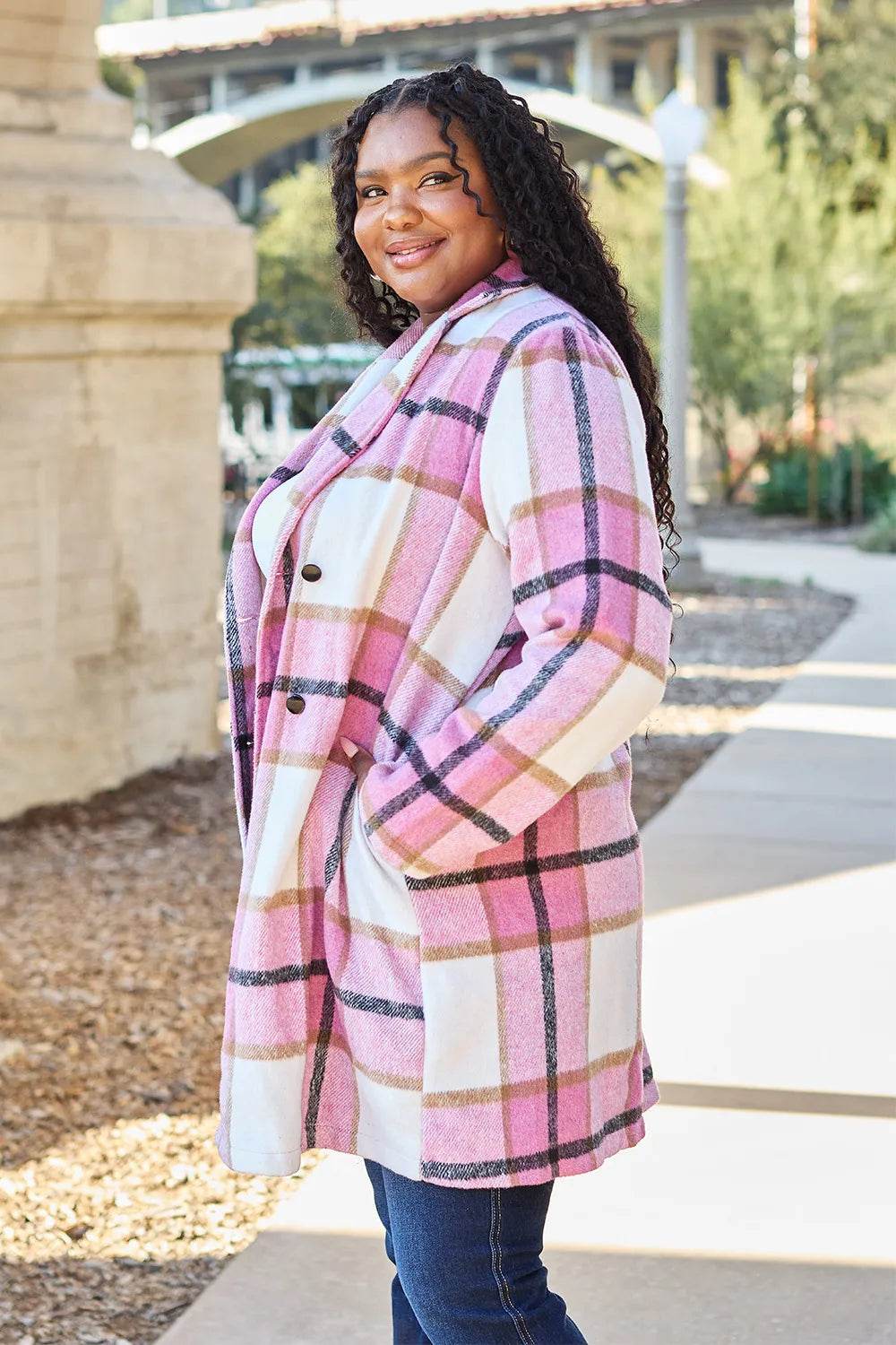 Double Take Full Size Plaid Button Up Lapel Collar Coat - IntuitiveEncBoutique