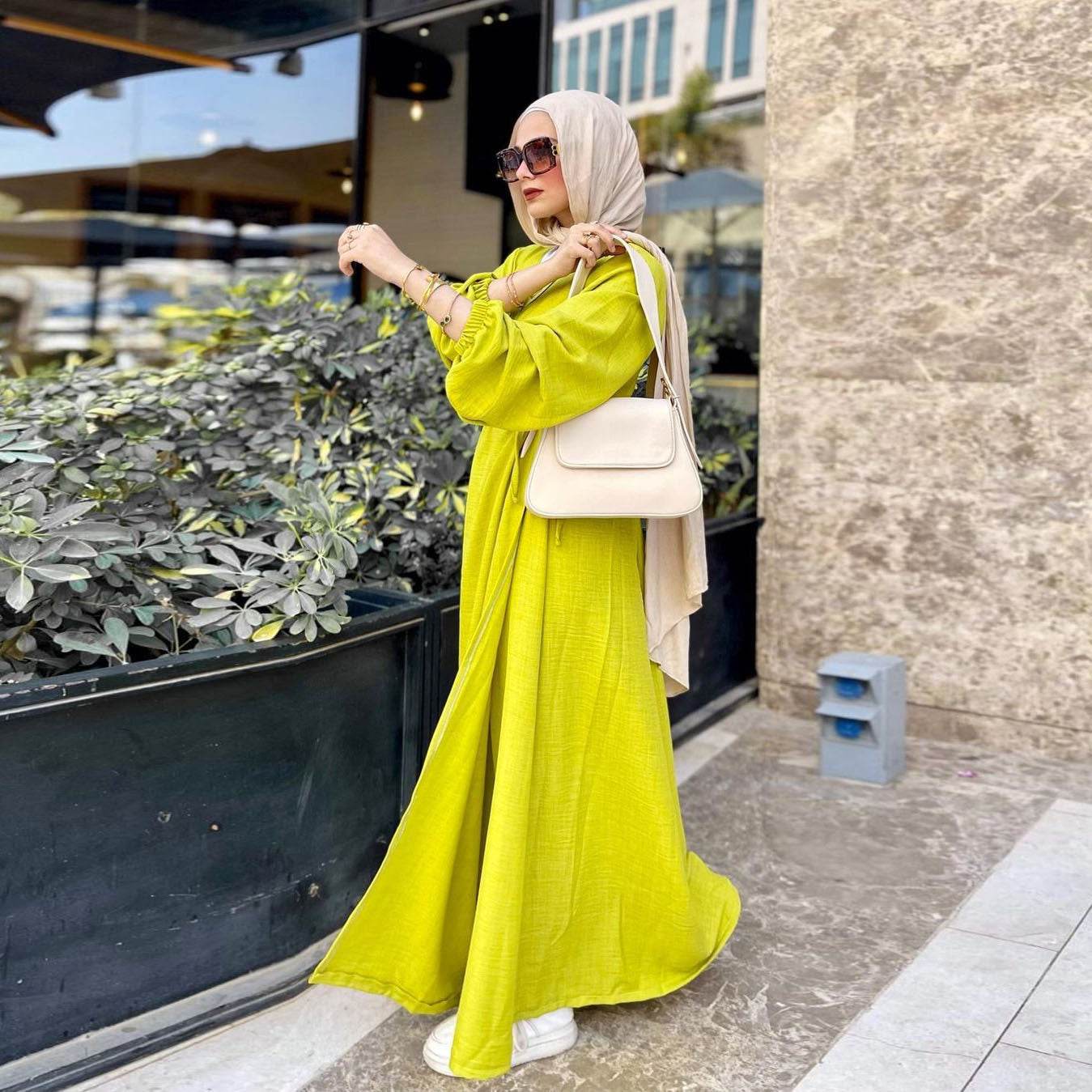 Loose Long Sleeve Belted Open Front Abaya Dress Elegant - IntuitiveEncBoutique