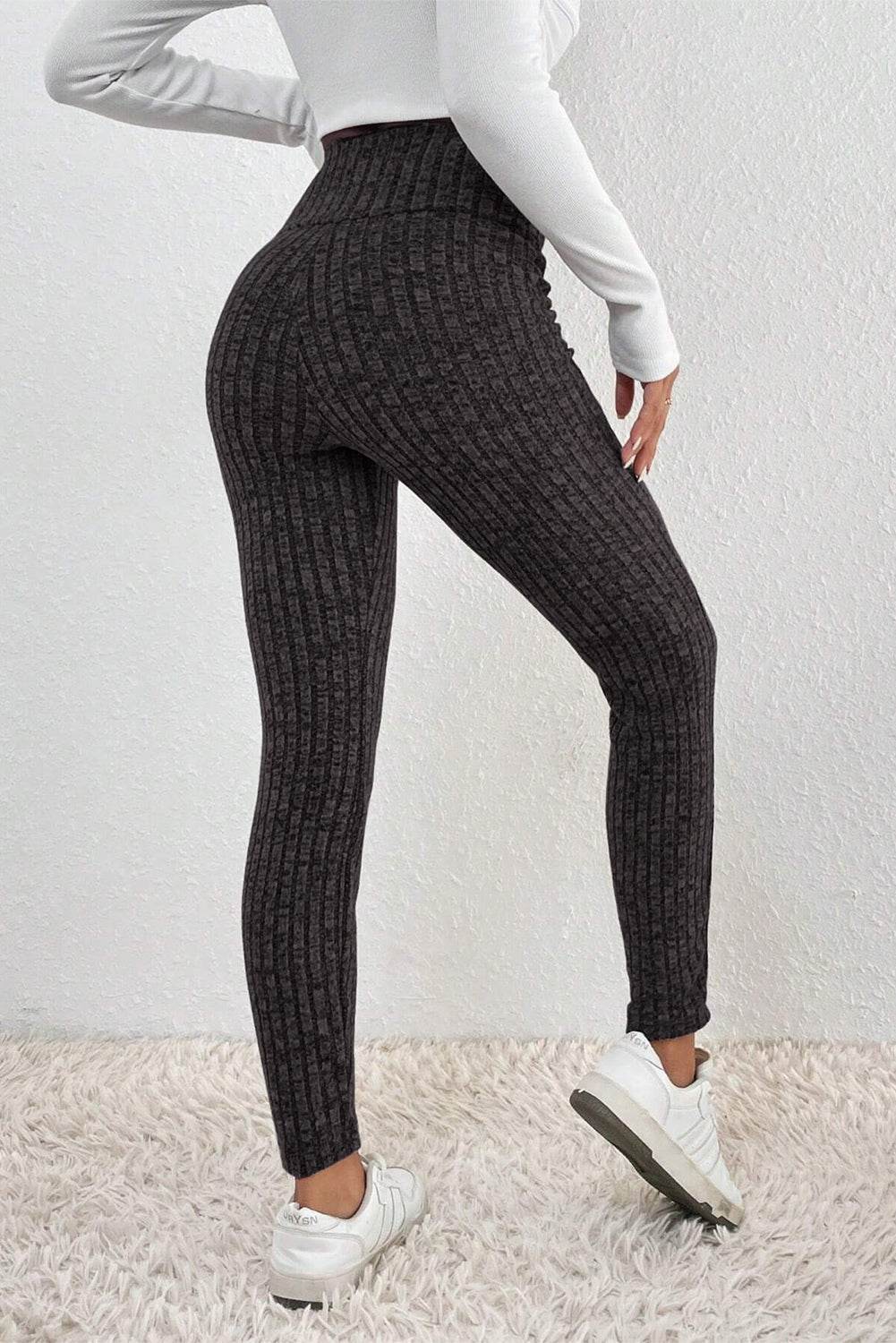 Dark Grey Wide Waistband Ribbed Textured Knit Leggings - IntuitiveEncBoutique